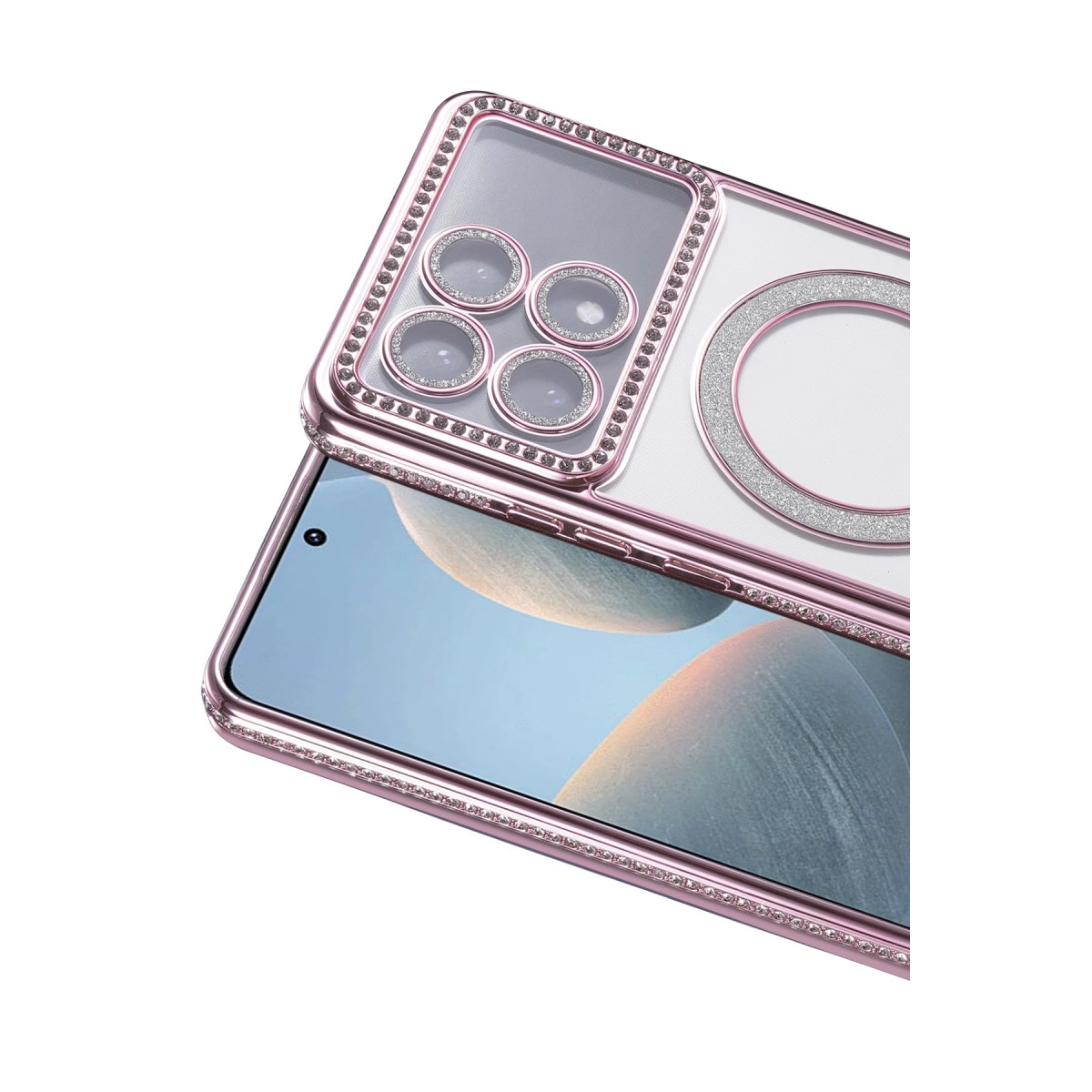 Simli ve dört kameralı pembe telefon kılıfı.