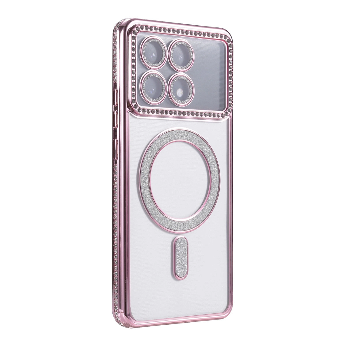 Parlak kameralı ve manyetik halkalı pembe telefon kılıfı.