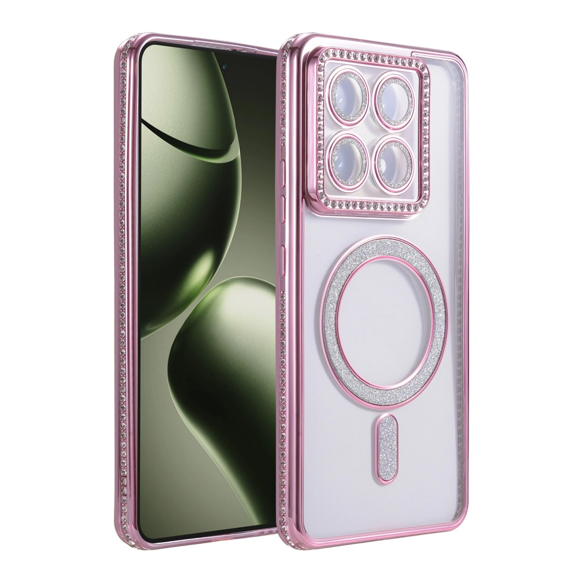 Sim ve MagSafe halkalı pembe telefon kılıfı, telefonun yanında.