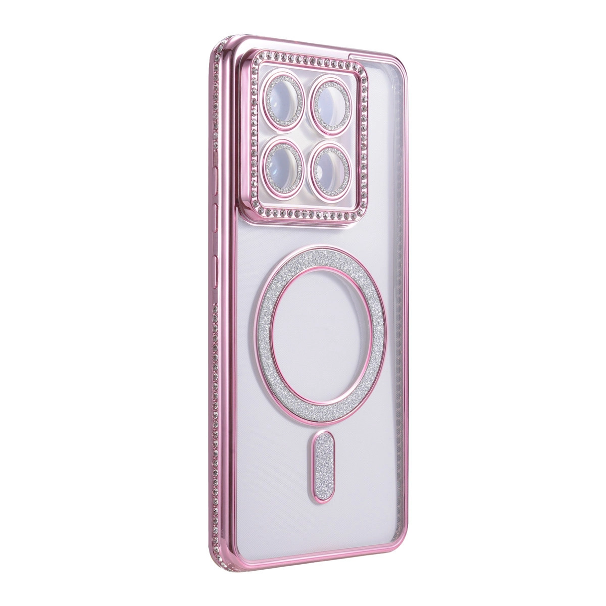Kristal ve simle süslenmiş pembe kenarlı şeffaf telefon kılıfı.