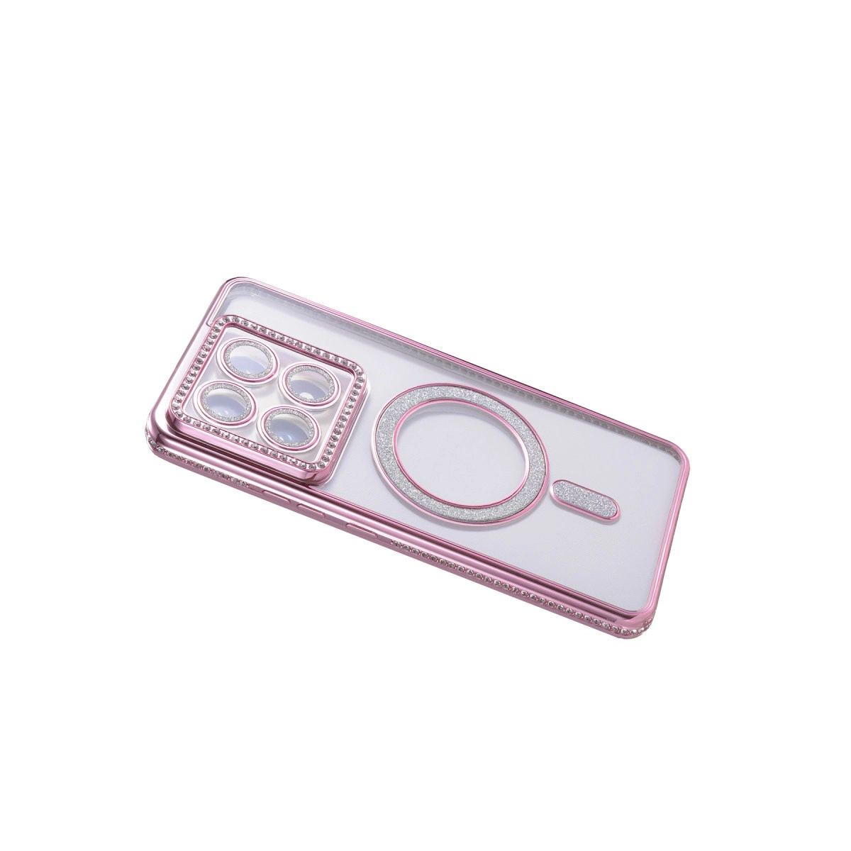 Kamera çevresinde elmas vurgular ve halka tasarımı olan, pembe altın rengi telefon kılıfı.