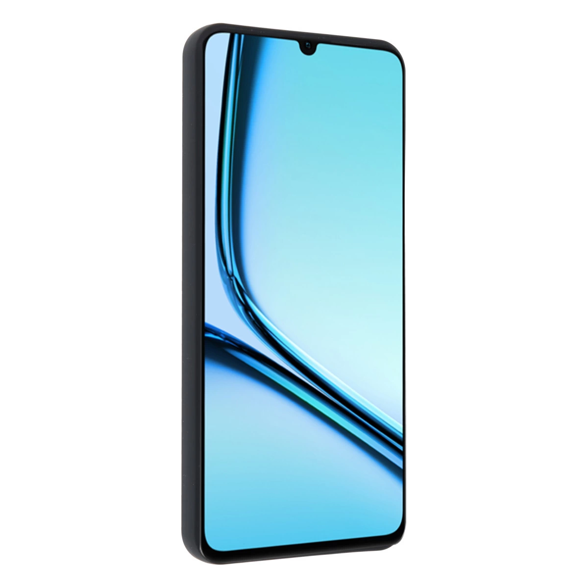 Ekranında mavi soyut arka plan gösteren siyah bir akıllı telefon.