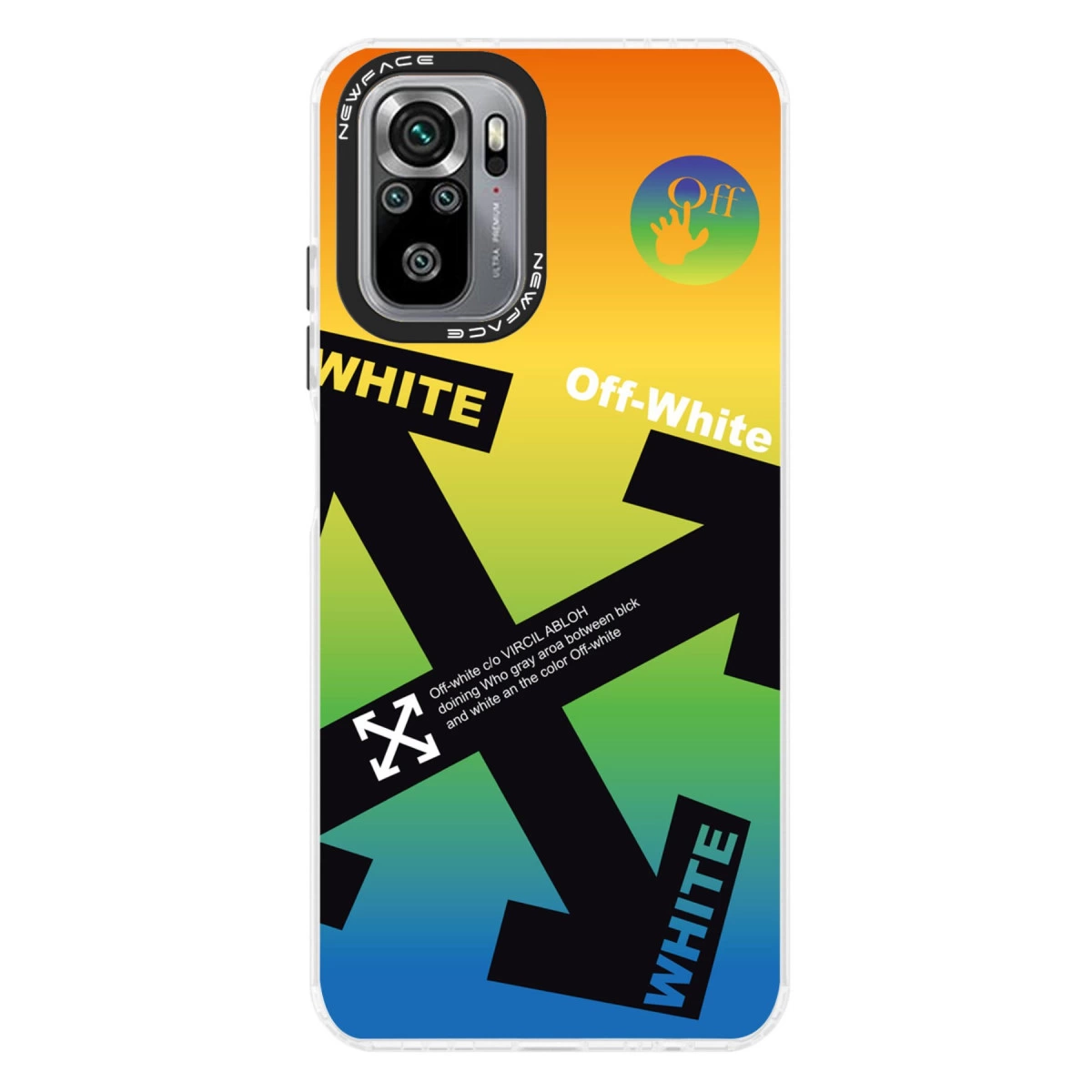 Off-White logolu, oklarla ve turuncudan maviye gradyanlı telefon kılıfı.