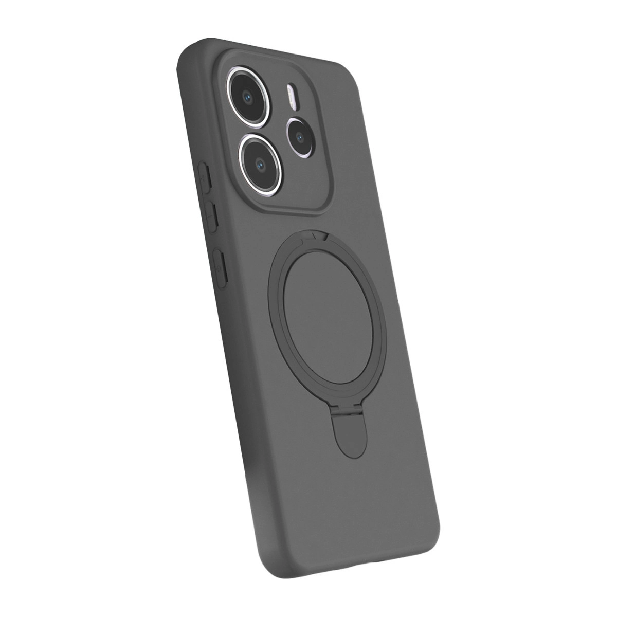 Halka tutuculu ve üç lensli koyu gri telefon kılıfı.