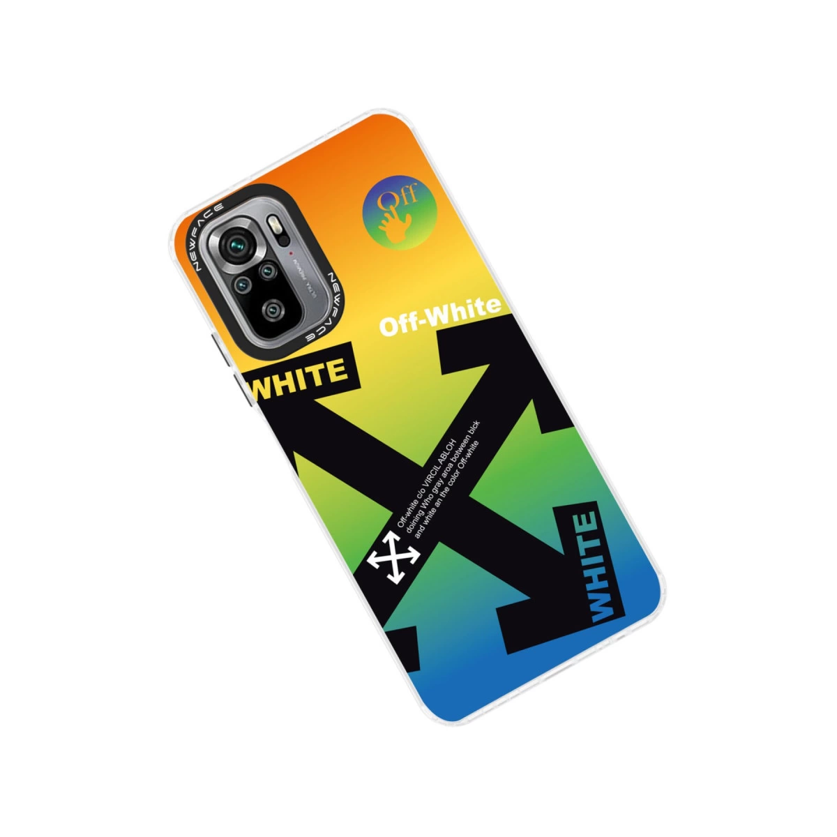 Degrade renkli, Off-White logolu ve ok desenli telefon kılıfı.