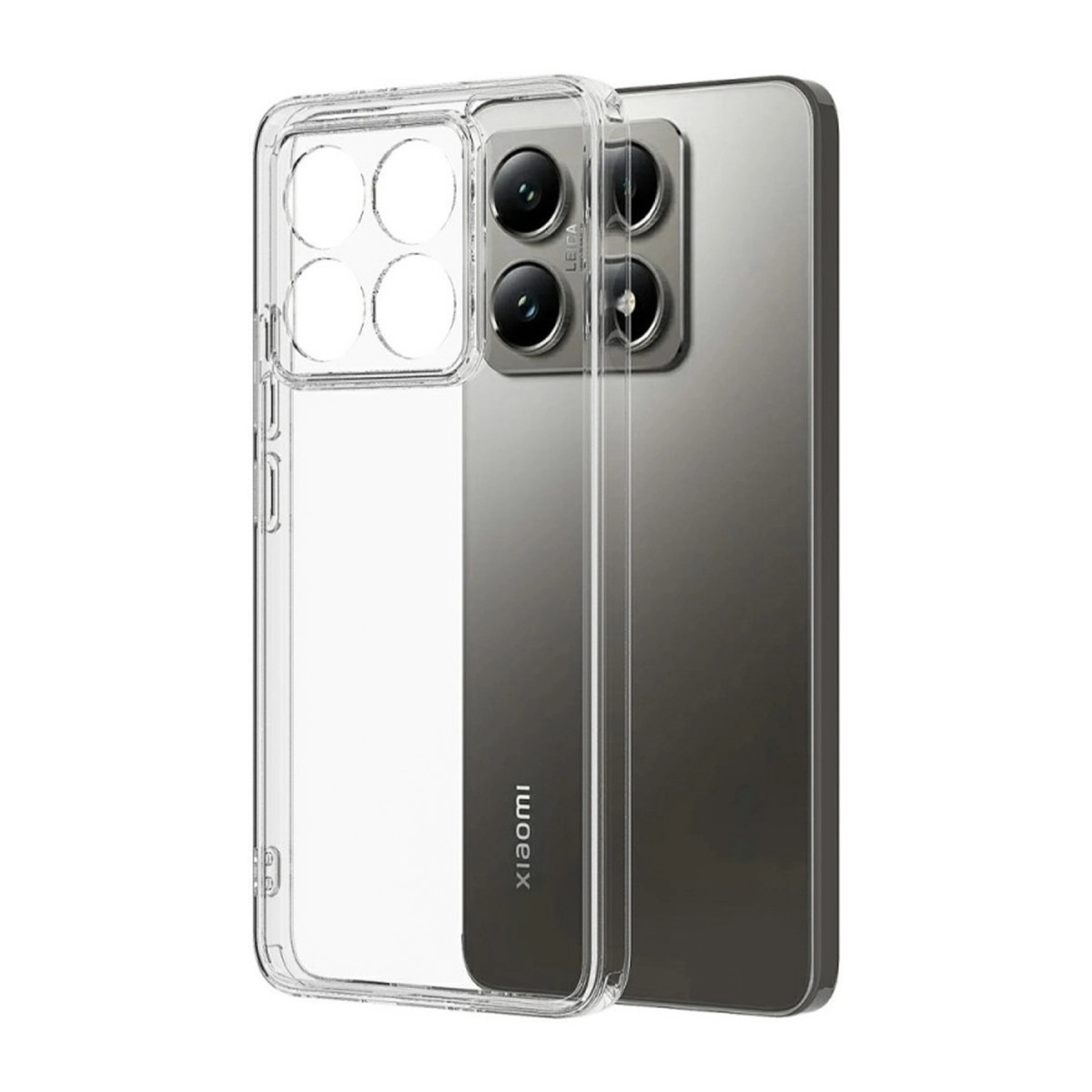 Şeffaf telefon kılıfı, dört kamera lensli gri bir Xiaomi telefonu kaplıyor.