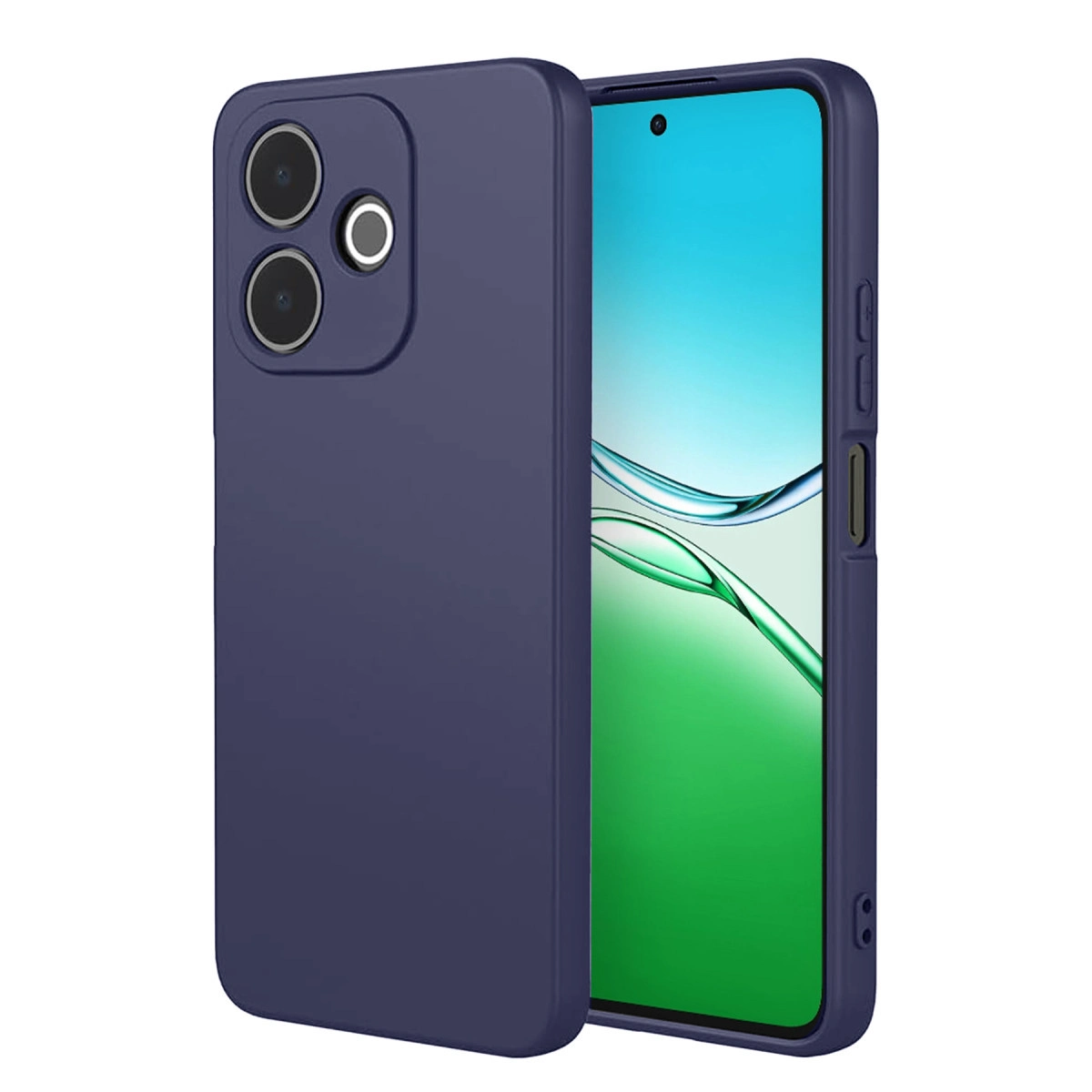 Koyu mavi telefon kılıfı, kamera kesiğiyle, yeşil ekranlı akıllı telefonun yanında.