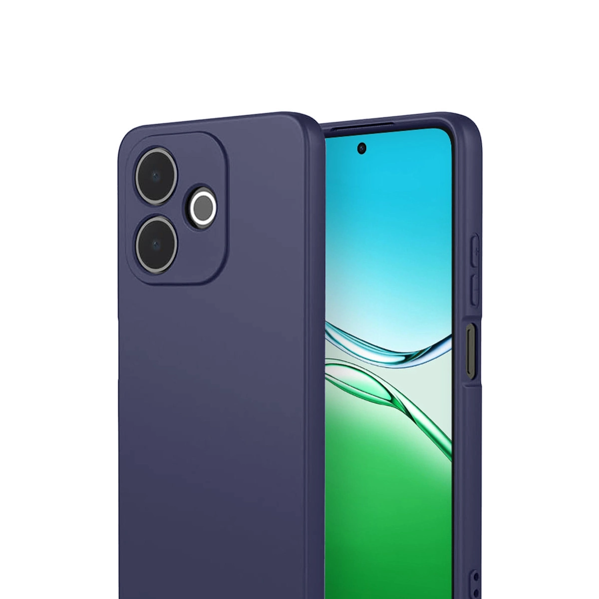 Arkada üç kamerası olan lacivert telefon kılıfı. Ekranı görünüyor.