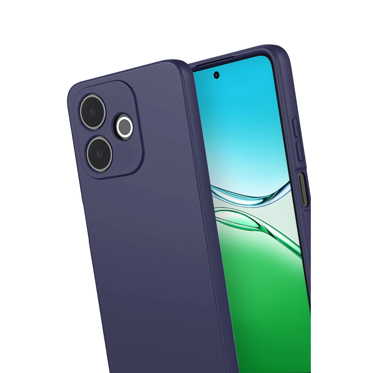 Arkada üç kamerası ve ekran koruyucusu olan lacivert telefon.