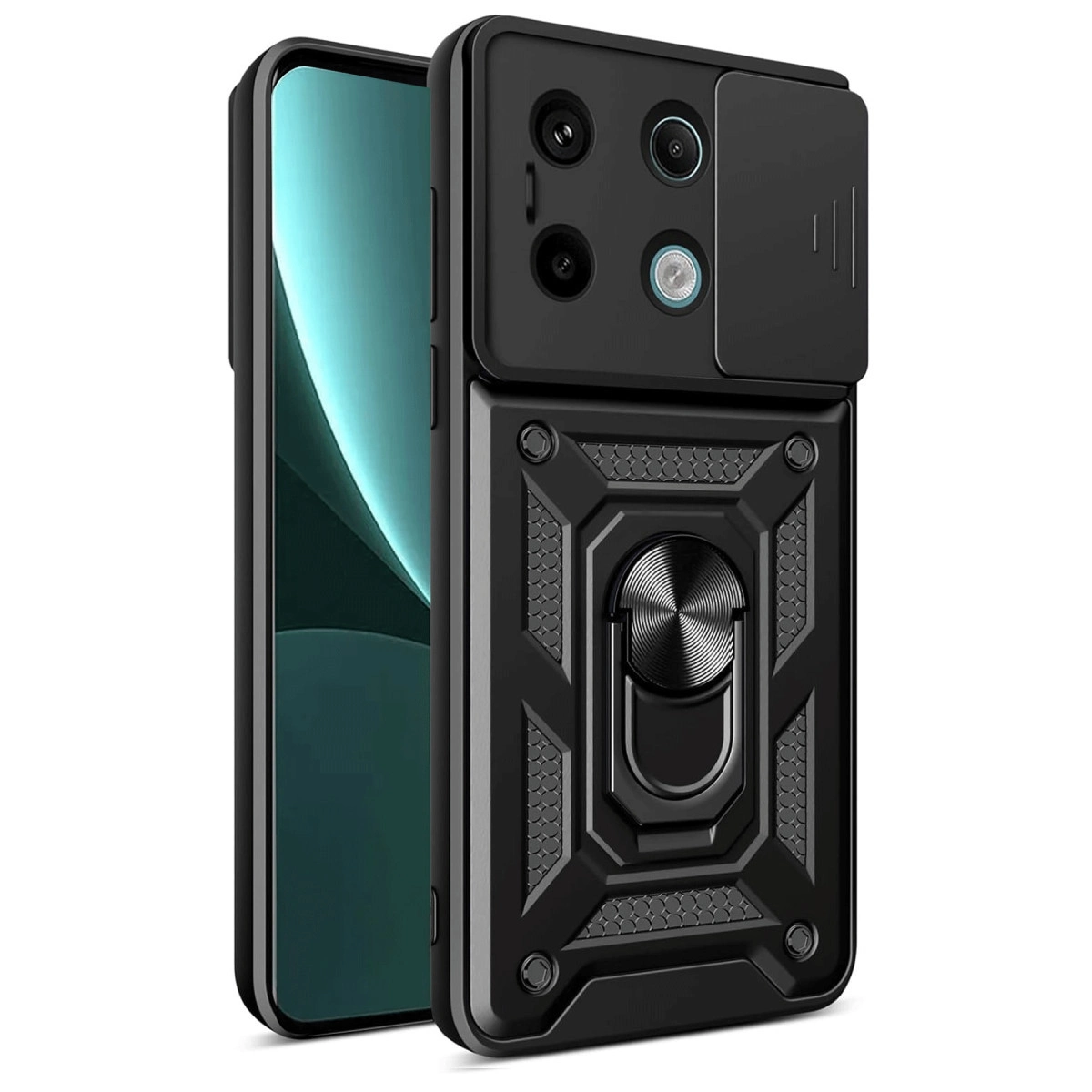Kameralı kapaklı ve halka tutuculu siyah telefon beyaz arka planda.