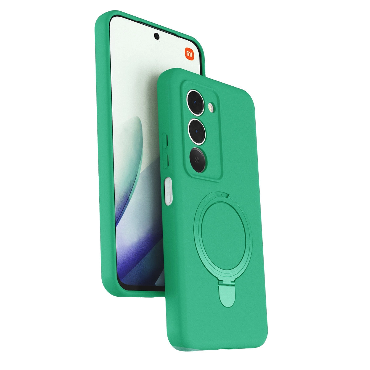 Halka tutuculu ve üç kamera lensli yeşil telefon kılıfı.