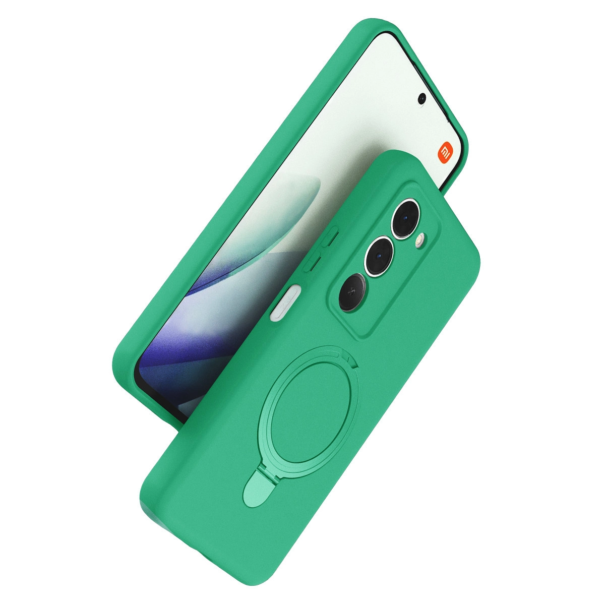 Halka tutuculu ve kamera kesimli yeşil telefon kılıfı.