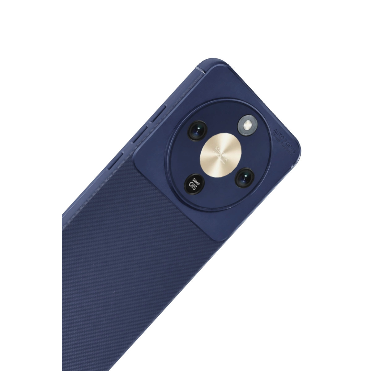 Karbon fiber dokulu, altın halkalı, üçlü kamera sistemli koyu mavi akıllı telefon.