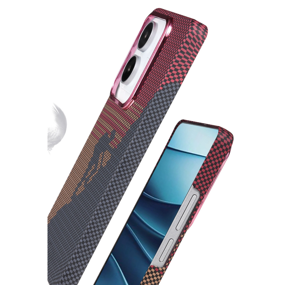 Kırmızı ve gri kareli desenli bir telefon.