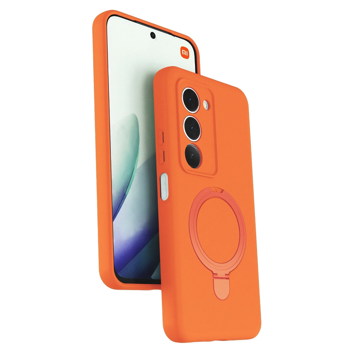 Xiaomi logolu akıllı telefonda halka tutuculu turuncu telefon kılıfı.