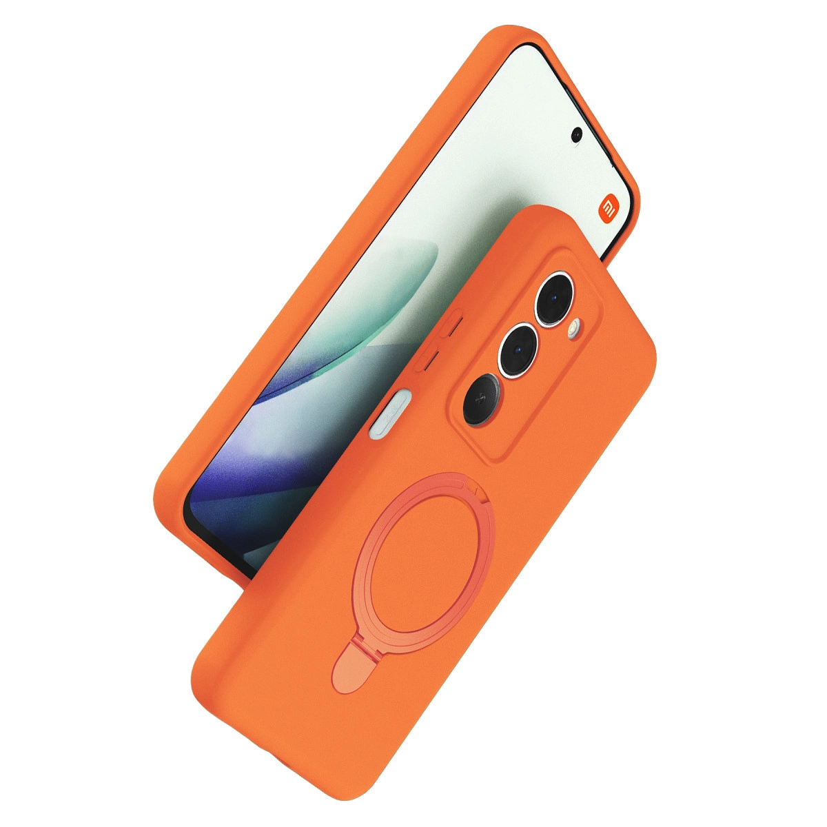 Akıllı telefonda halka tutuculu turuncu telefon kılıfı.