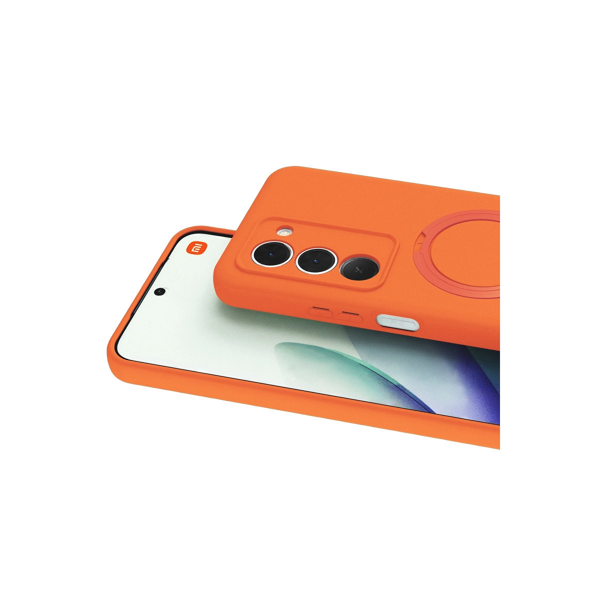 Kamera modülü ve halka tutuculu turuncu telefon.