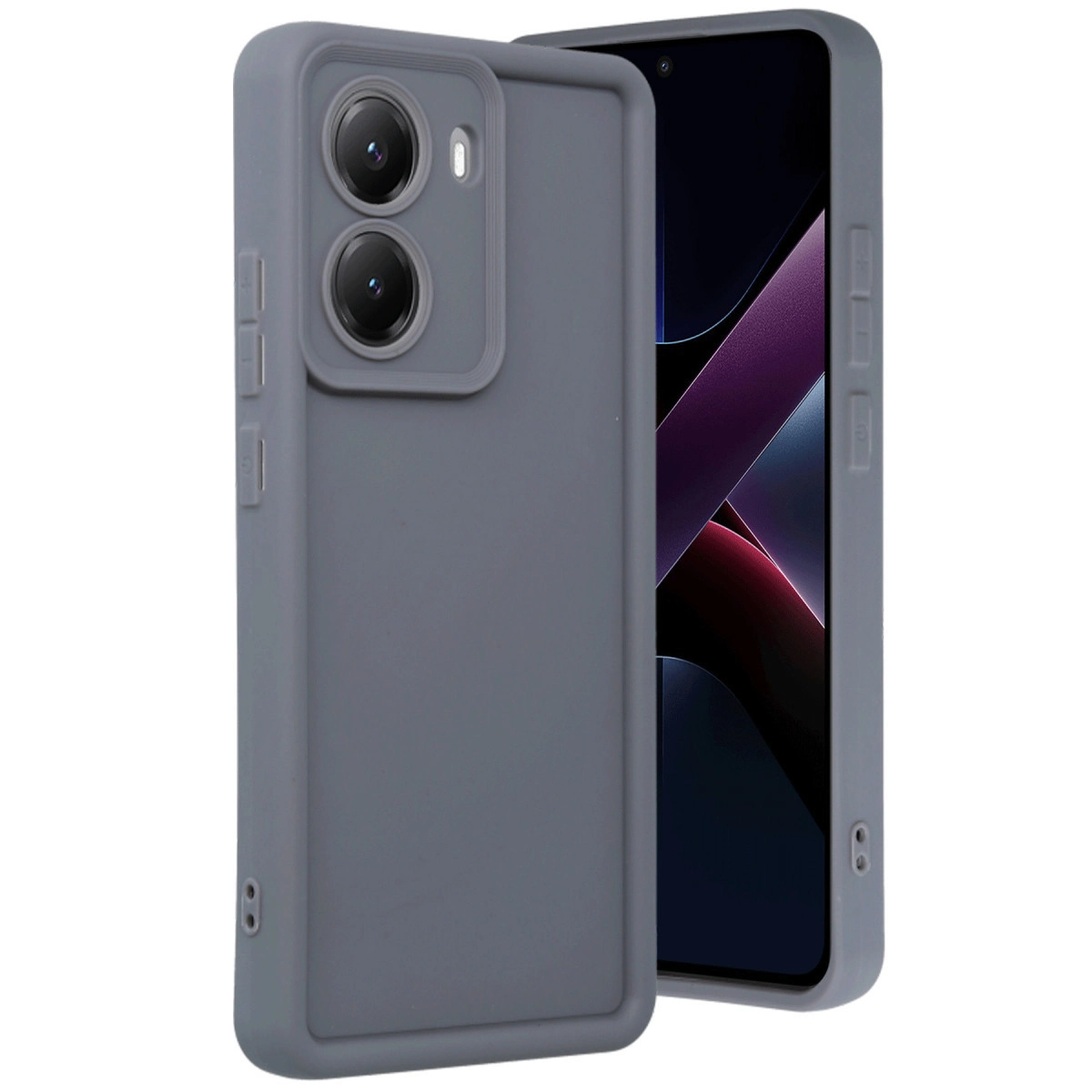 Çift kameralı gri telefon kılıfı ve yan düğmeler. Ekran soyut desen gösteriyor.