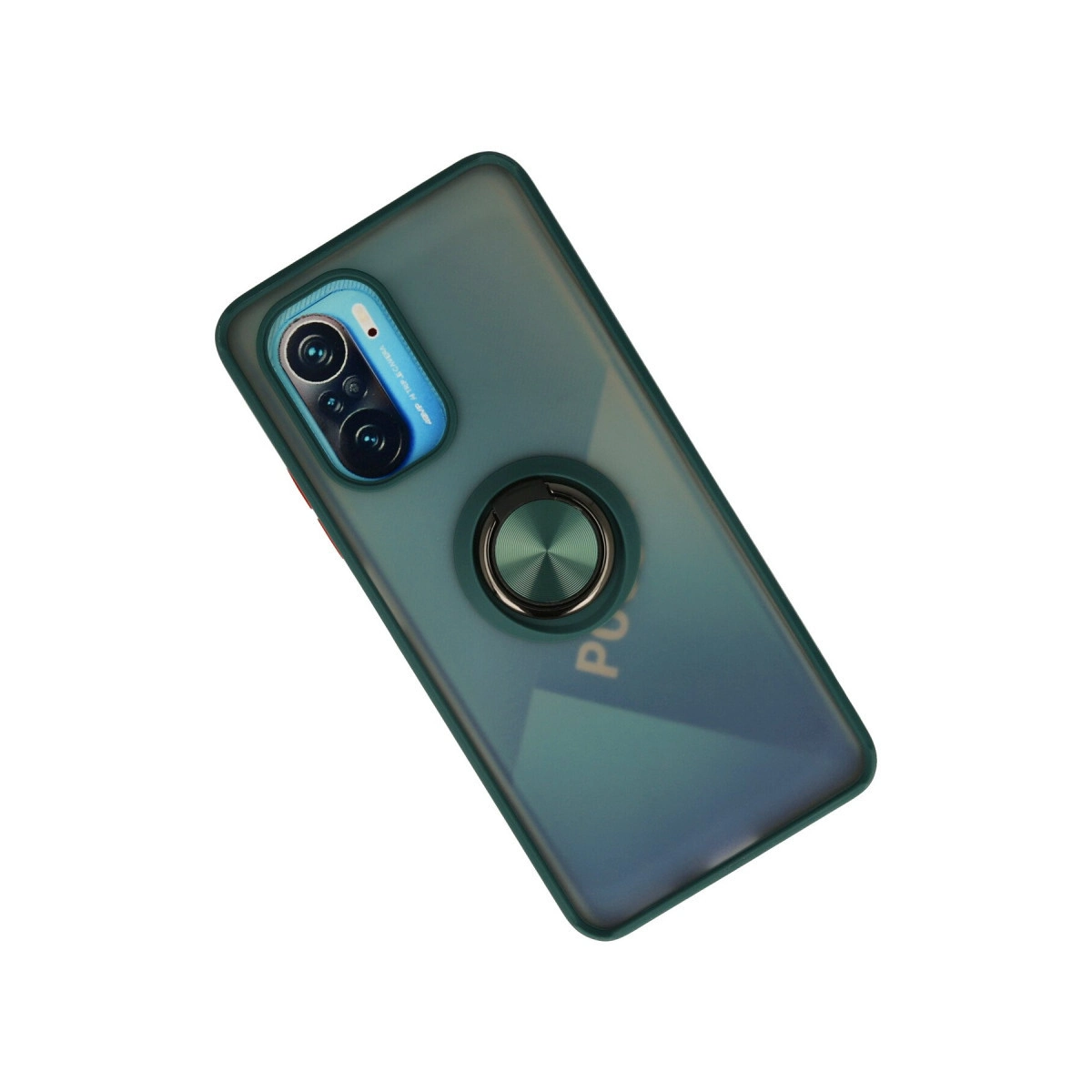 Gümüş halka tutuculu ve kamera çıkıntılı koyu yeşil telefon kılıfı.