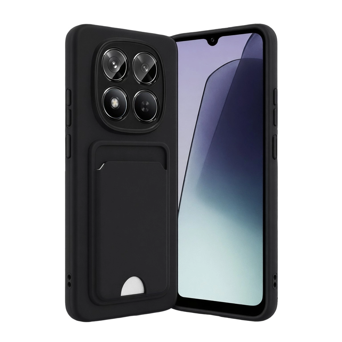 Dört kamera lensli ve kart yuvalı siyah telefon kılıfı, akıllı telefonun yanında.