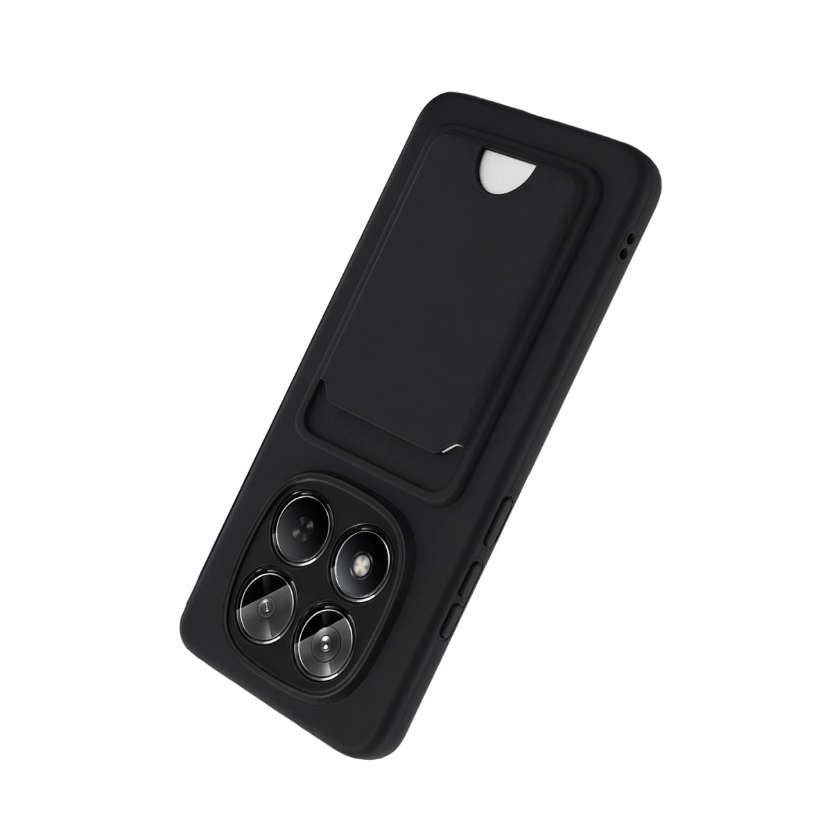 Kart yuvalı ve dörtlü kamera kesimli siyah telefon kılıfı.