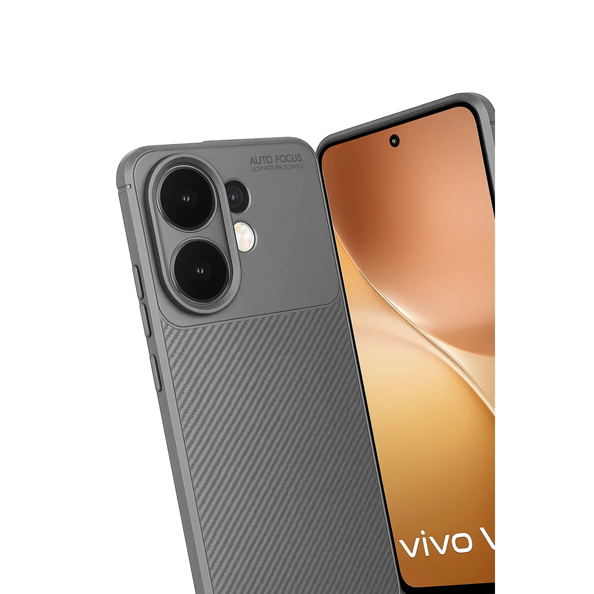 Karbon fiber desenli kılıflı gri telefon, beyaz arka plan üzerinde.