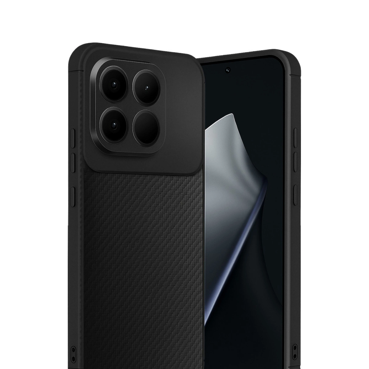 Karbon desenli ve dört kamera lensli siyah telefon kılıfı. Yanında bir akıllı telefon.