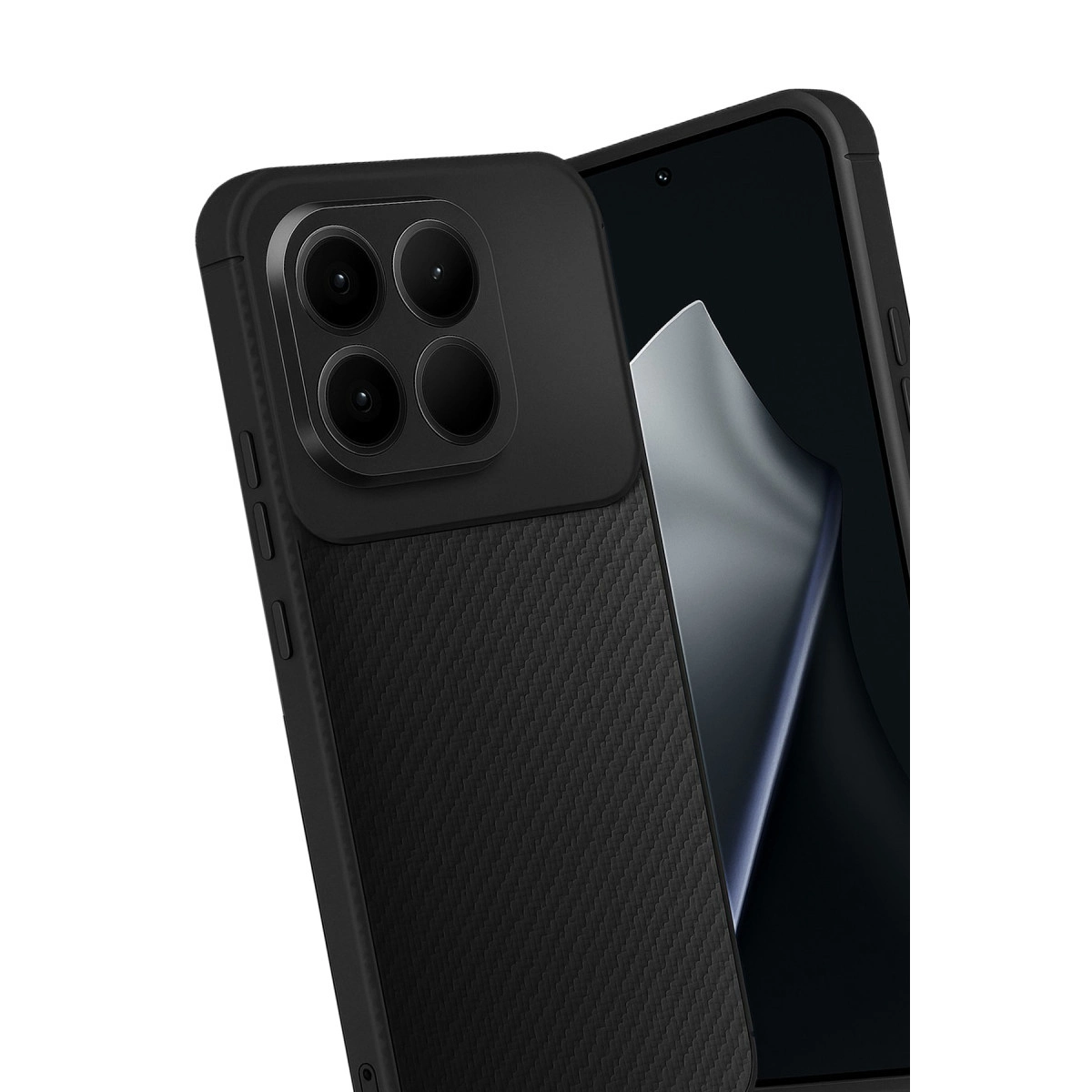 Karbon fiber kılıflı, dört kameralı siyah akıllı telefon, beyaz arka plan üzerinde.