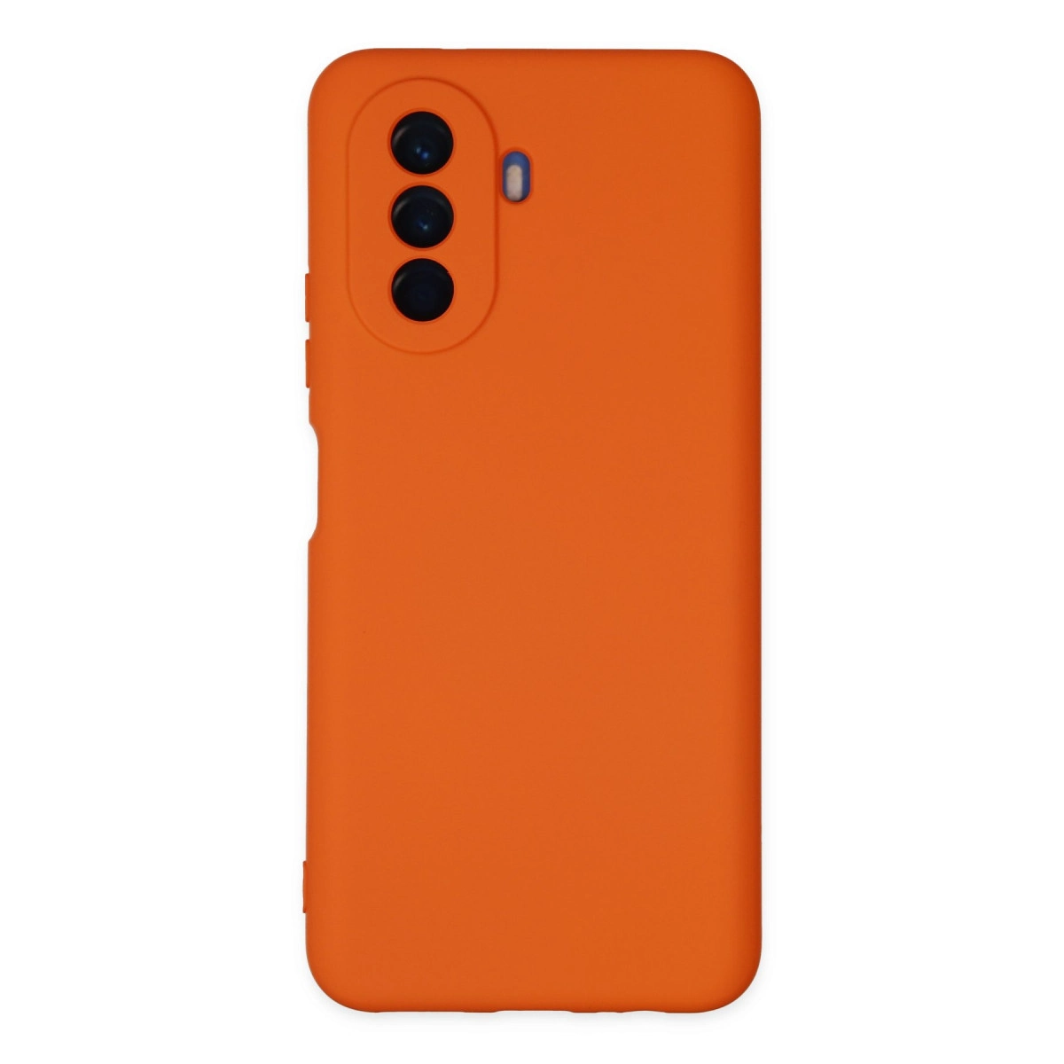 Üç kamera lensli ve küçük mavi daireli turuncu telefon kılıfı.