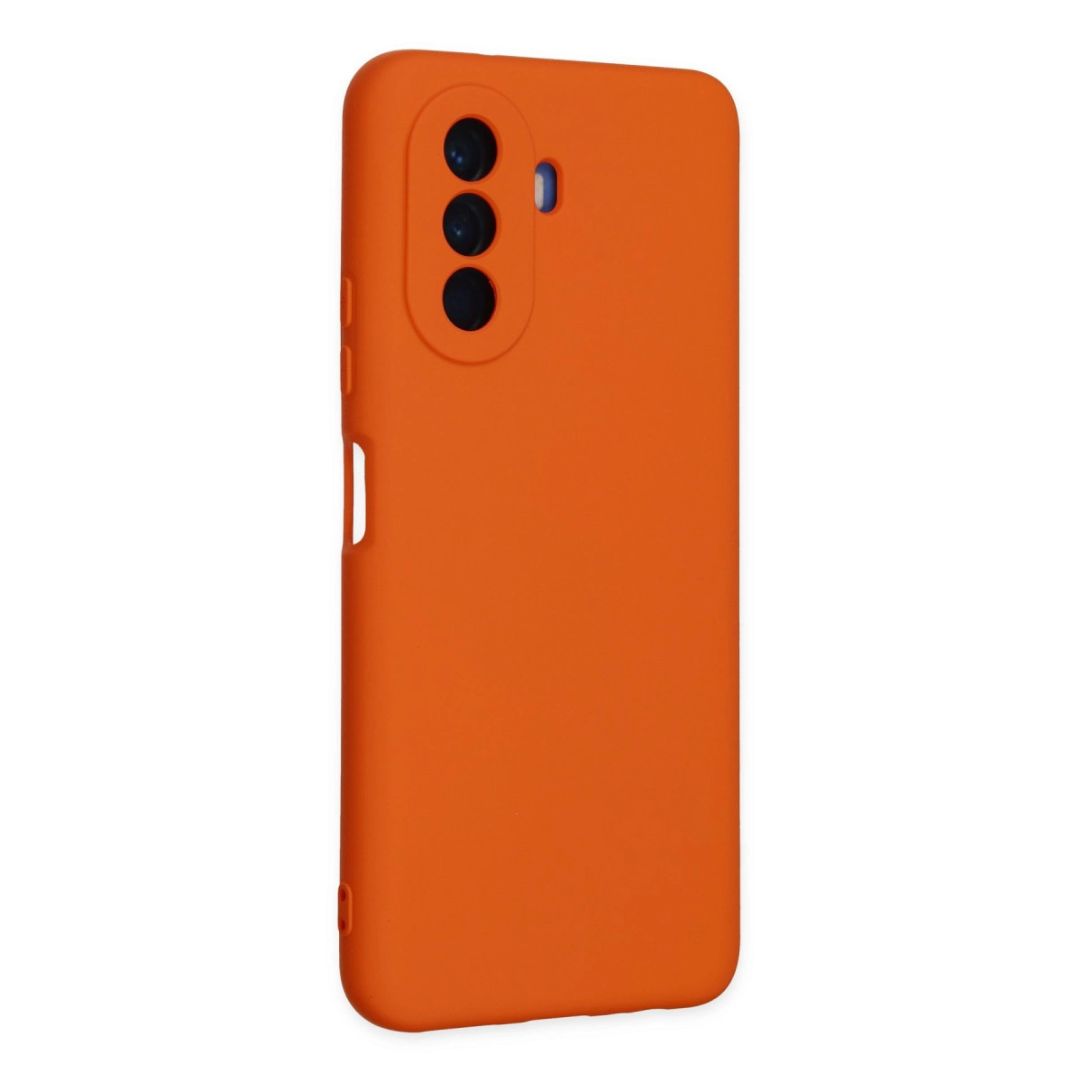 Üç kamera lensli ve flaşlı turuncu telefon kılıfı.
