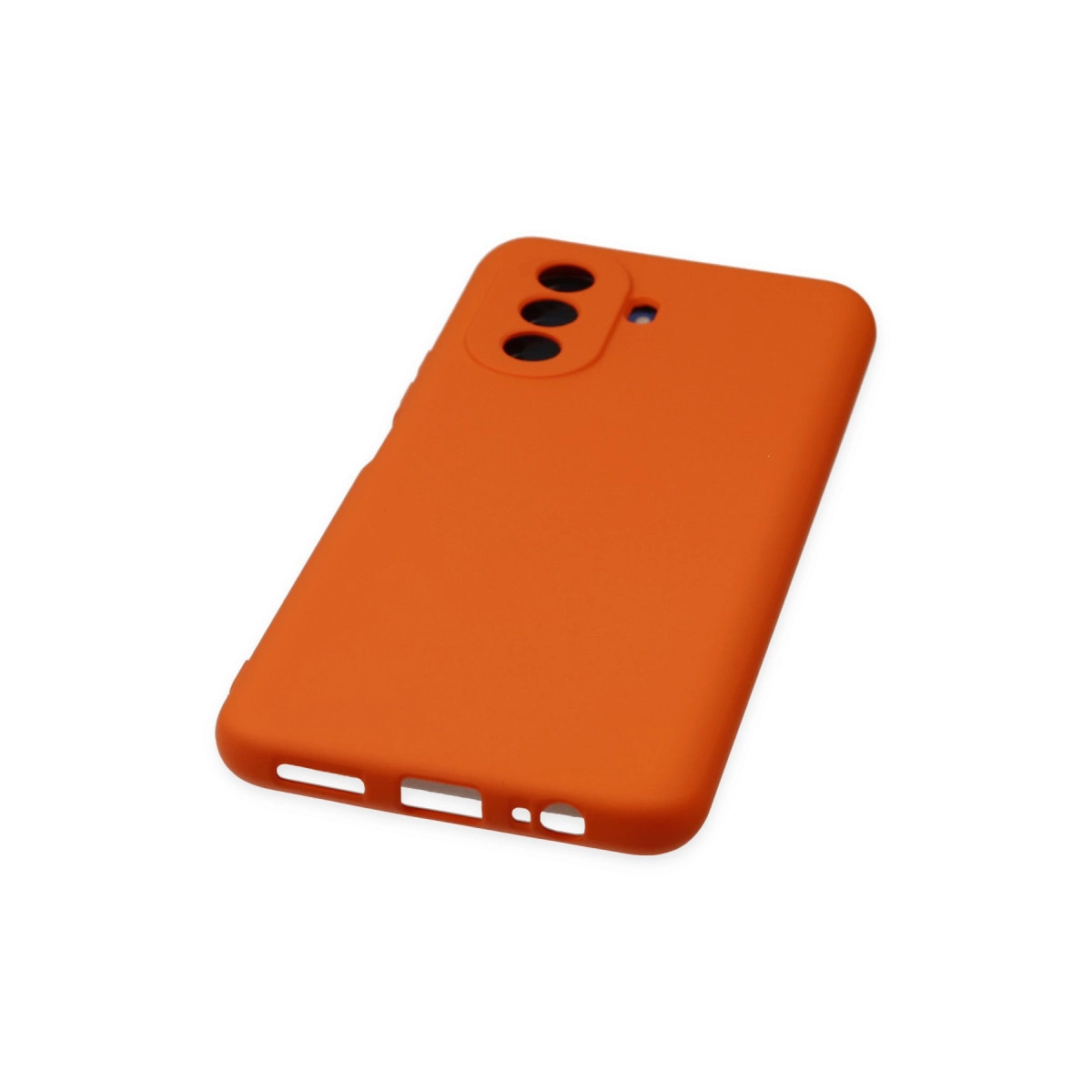 Turuncu telefon kılıfı, üç kamera lens kesiğı ve port açıklıkları.