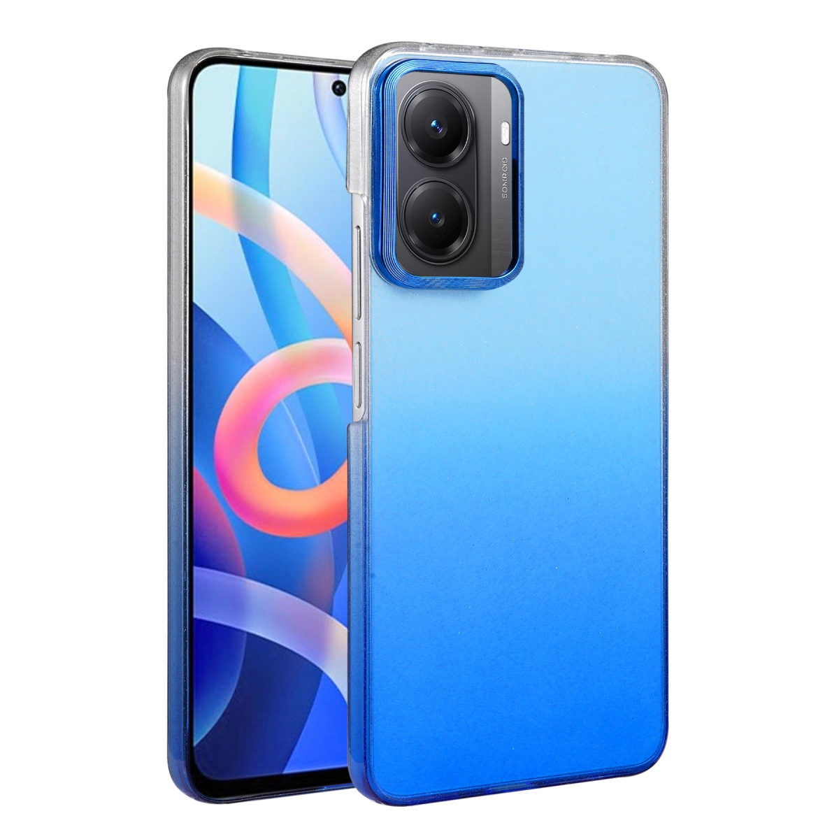 Akıllı telefonu koruyan şeffaf kenarlı mavi telefon kılıfı.