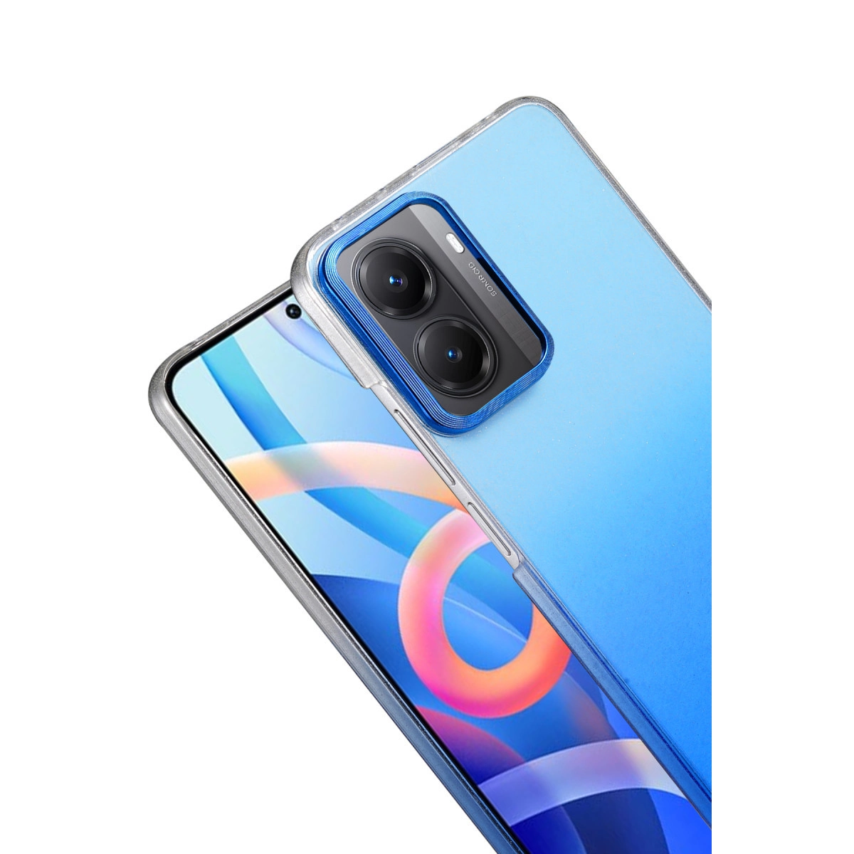 Çift kameralı tasarıma sahip mavi telefon kılıfı.