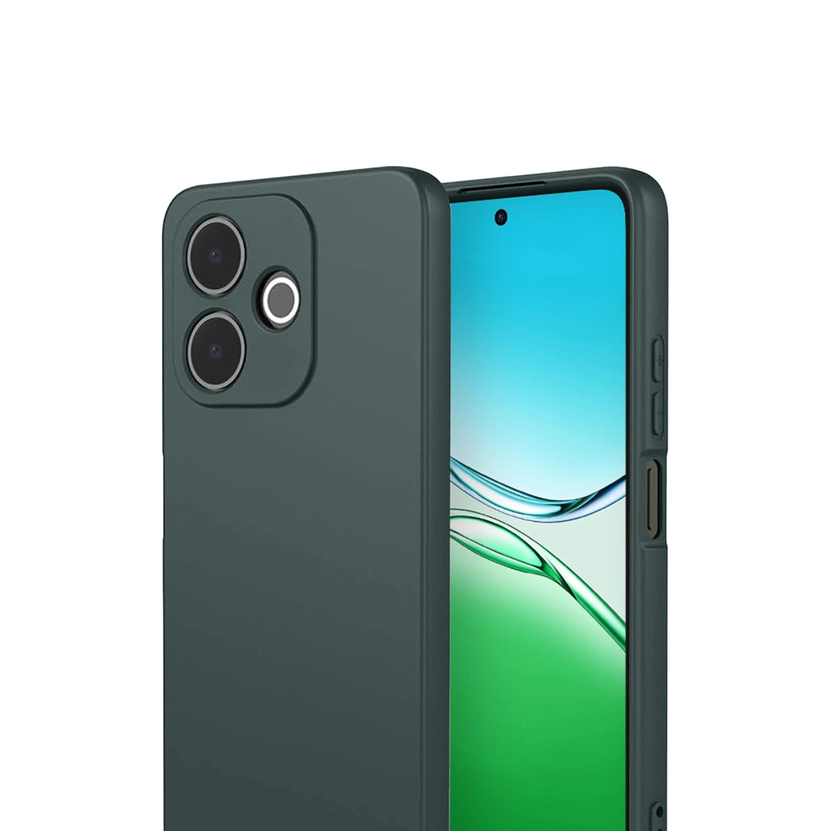 Üç kamera lensi ve flaşlı koyu yeşil telefon kılıfı