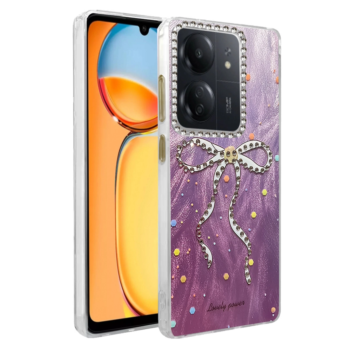 Parlak kurdele ve değerli taşlarla süslü mor telefon kılıfı.