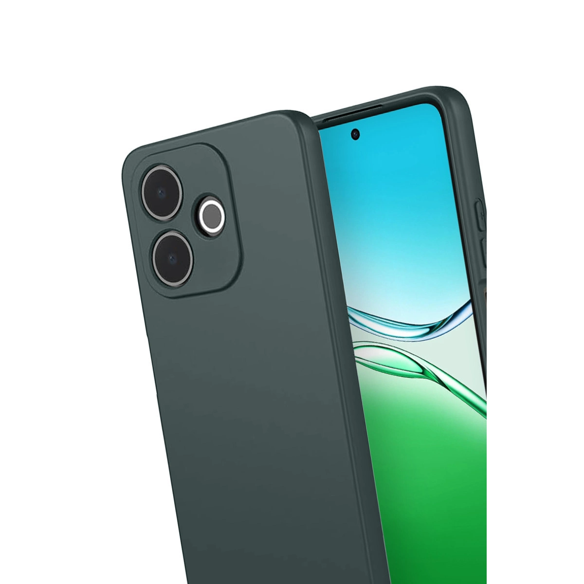 Dalga desenli ekrana ve arkada üç kameraya sahip koyu yeşil akıllı telefon.