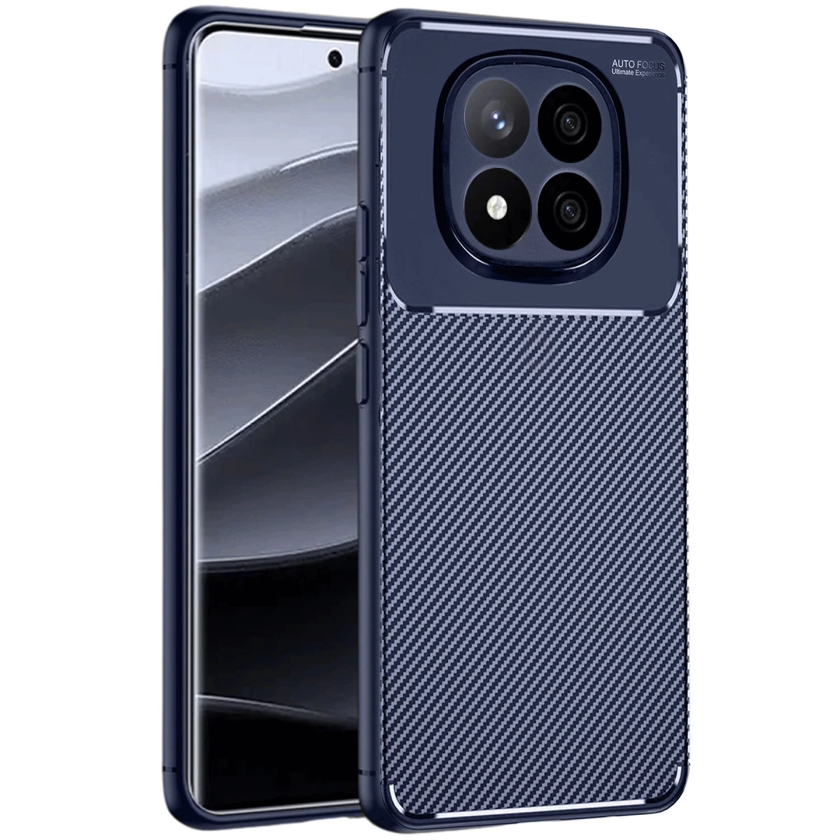 Karbon fiber dokulu, dört kameralı koyu mavi telefon kılıfı.