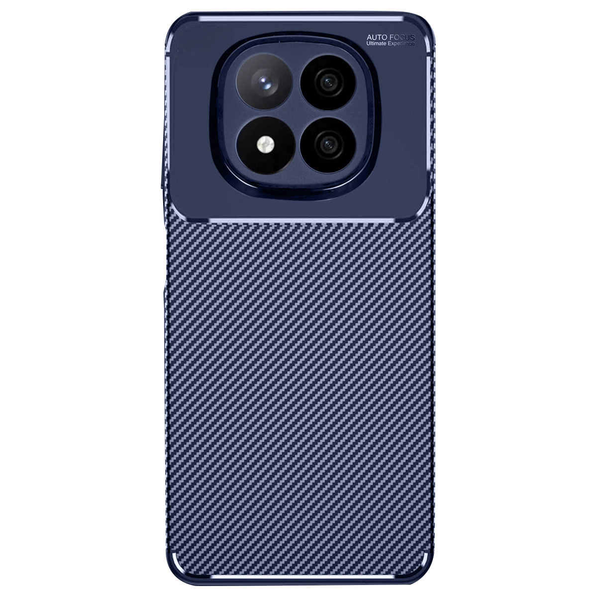 Kamera modüllü ve karbon desenli lacivert telefon kılıfı.