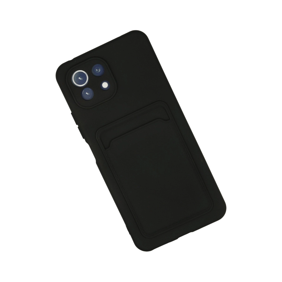 Kart yuvalı ve kamera açıklıklı siyah telefon kılıfı.