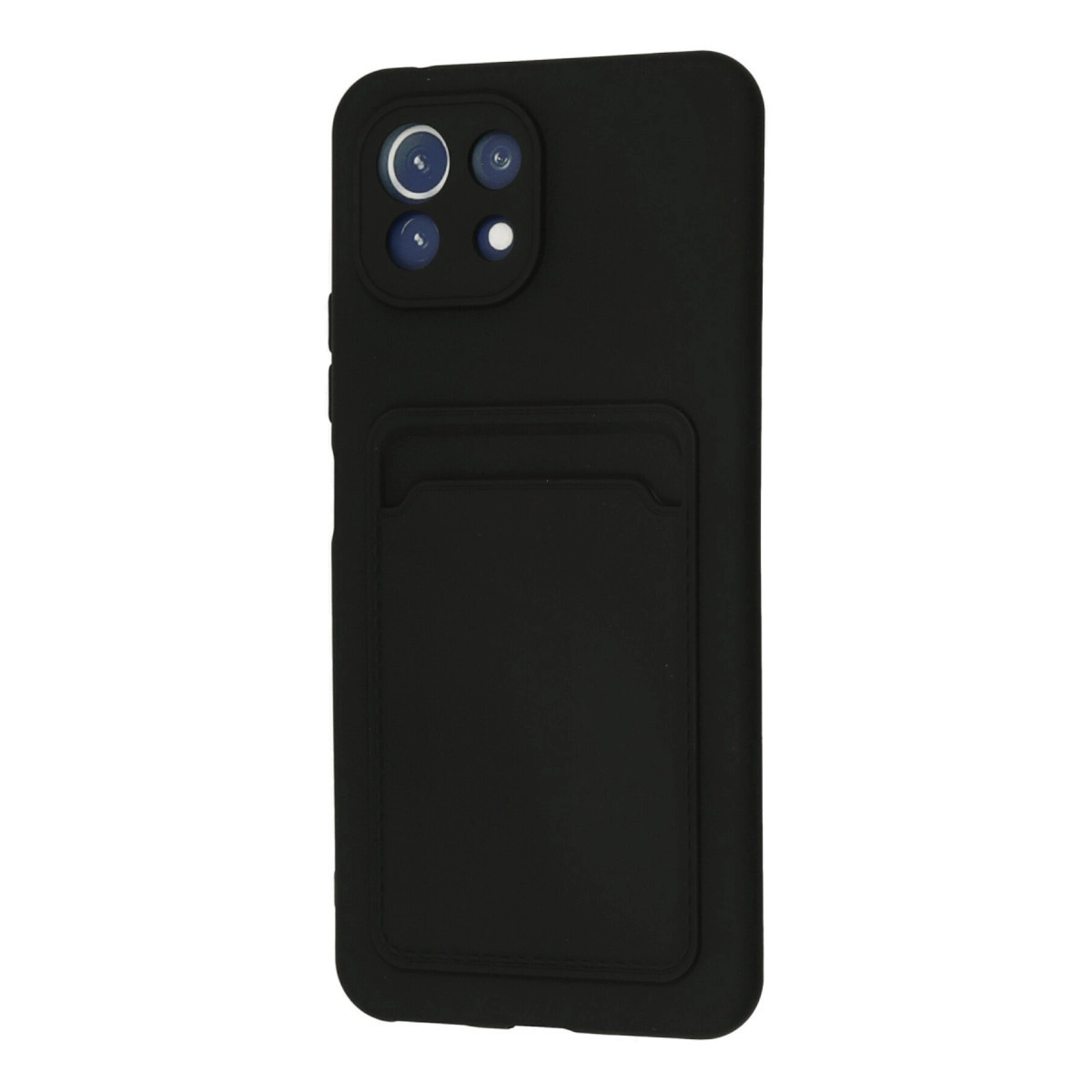 Arkada kart yuvası ve kamera modülü olan siyah telefon kılıfı.