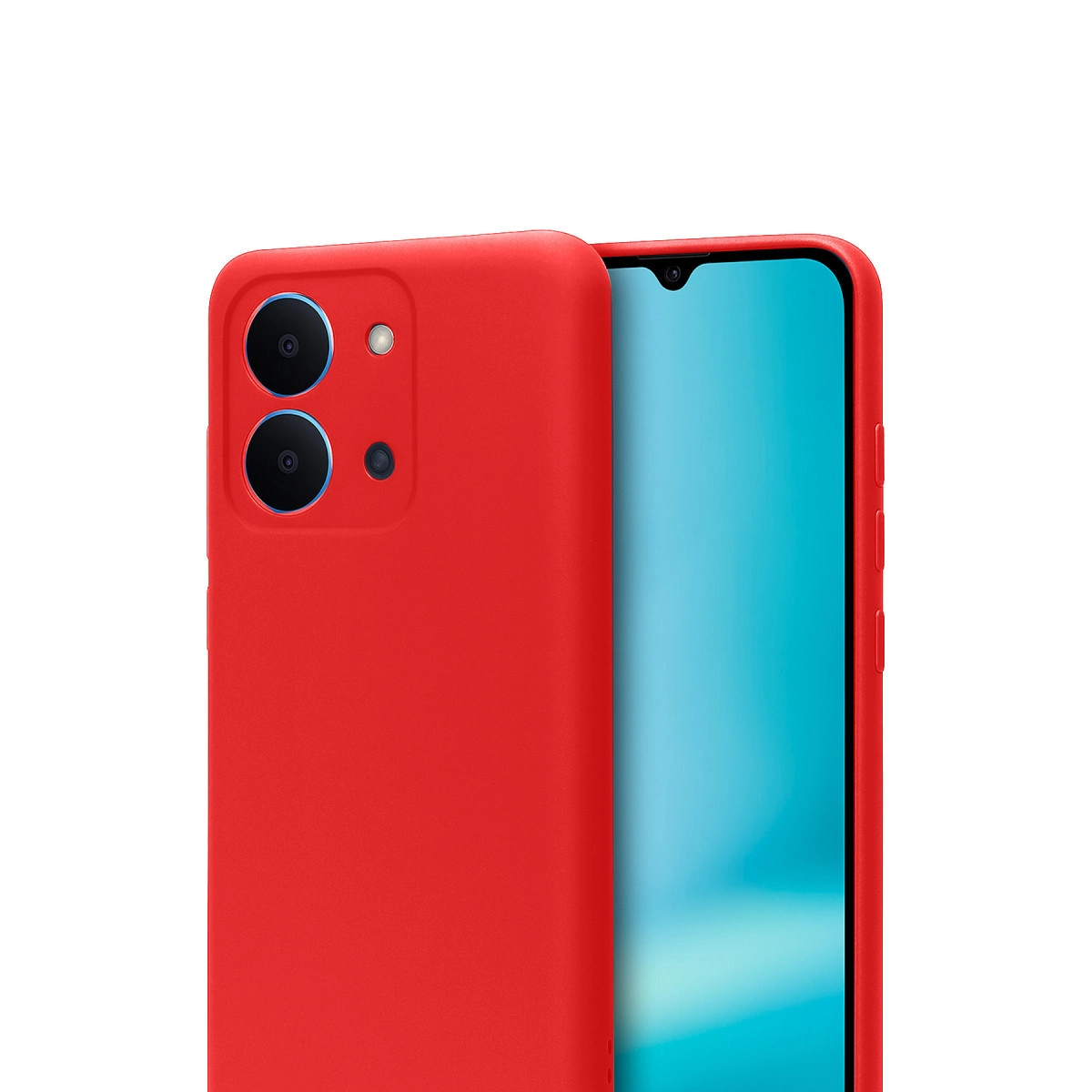 Kamera oyuntusu olan mavi ekranın yanında kırmızı telefon kılıfı.