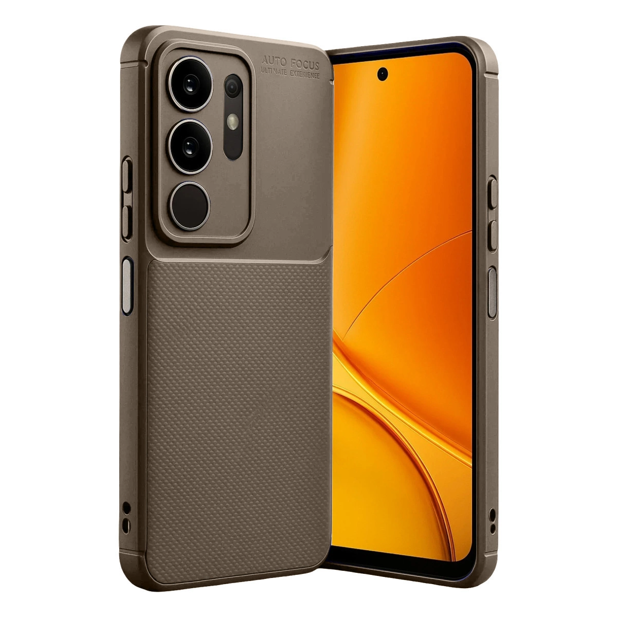 Üç kameralı ve dokulu tutuşlu kahverengi telefon kılıfı, akıllı telefonun yanında.