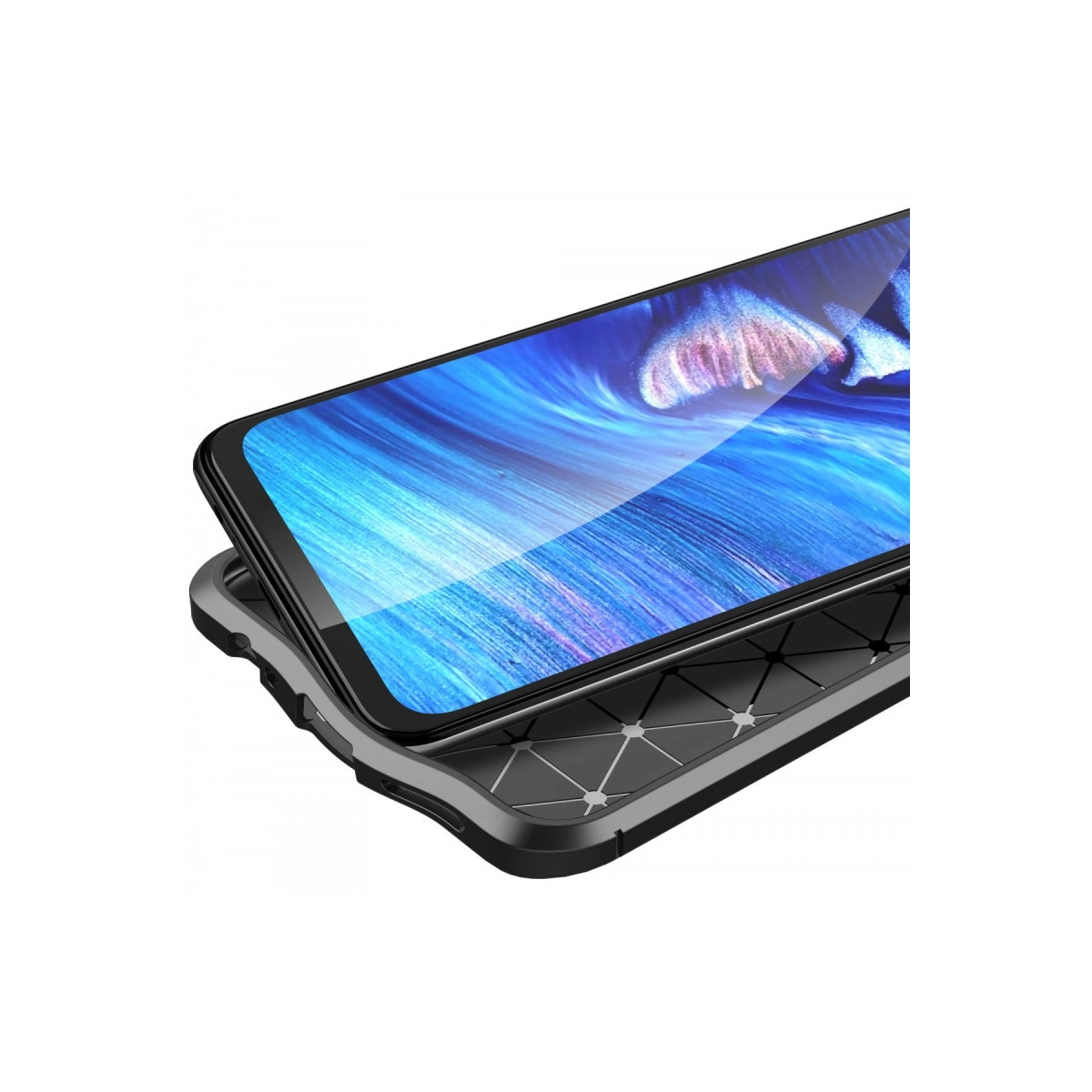 Mavi, akıcı arka planlı ve siyah ızgara desenli kasalı bir akıllı telefon.