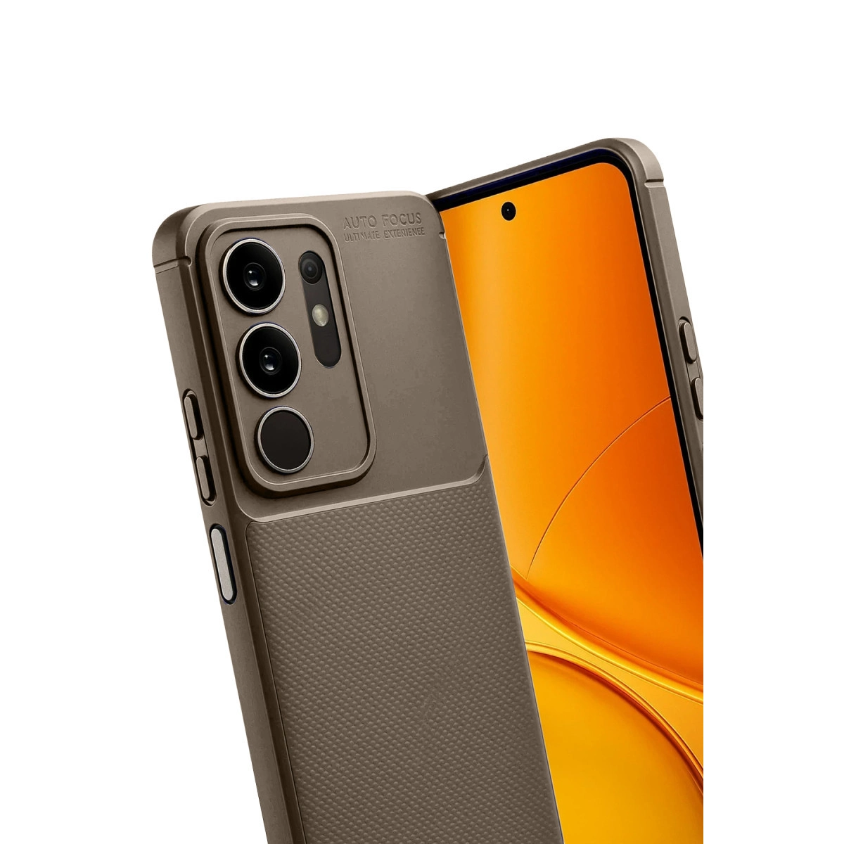 Üç kameralı kahverengi telefon kılıfı ve arkada turuncu ekran.