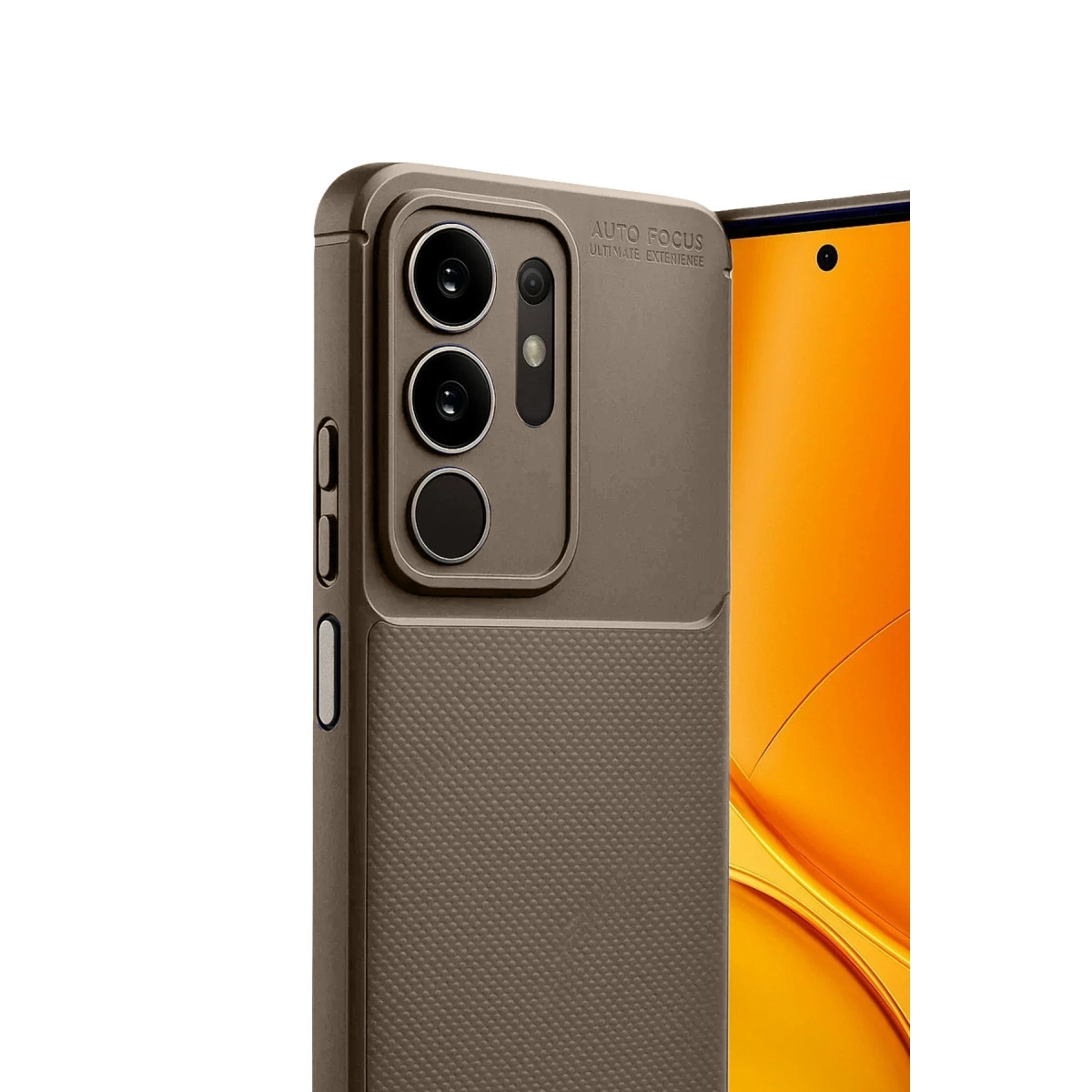 Üç kameralı, dokulu tutuşlu kahverengi telefon kılıfı.