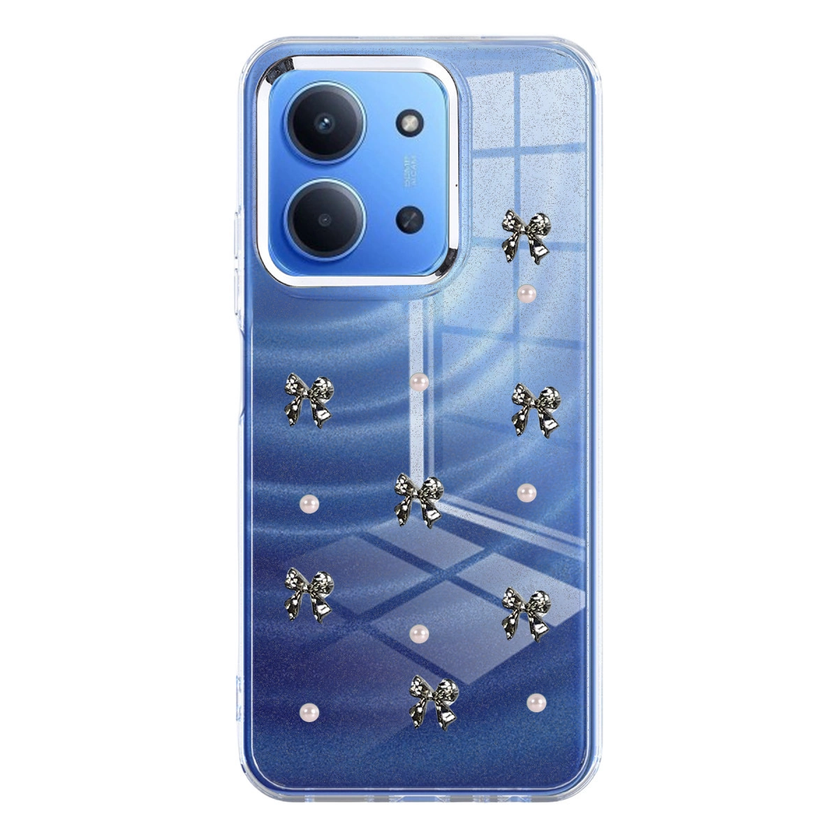 Fiyonk ve inci süslemeli, kamera dizilimli mavi telefon kılıfı.