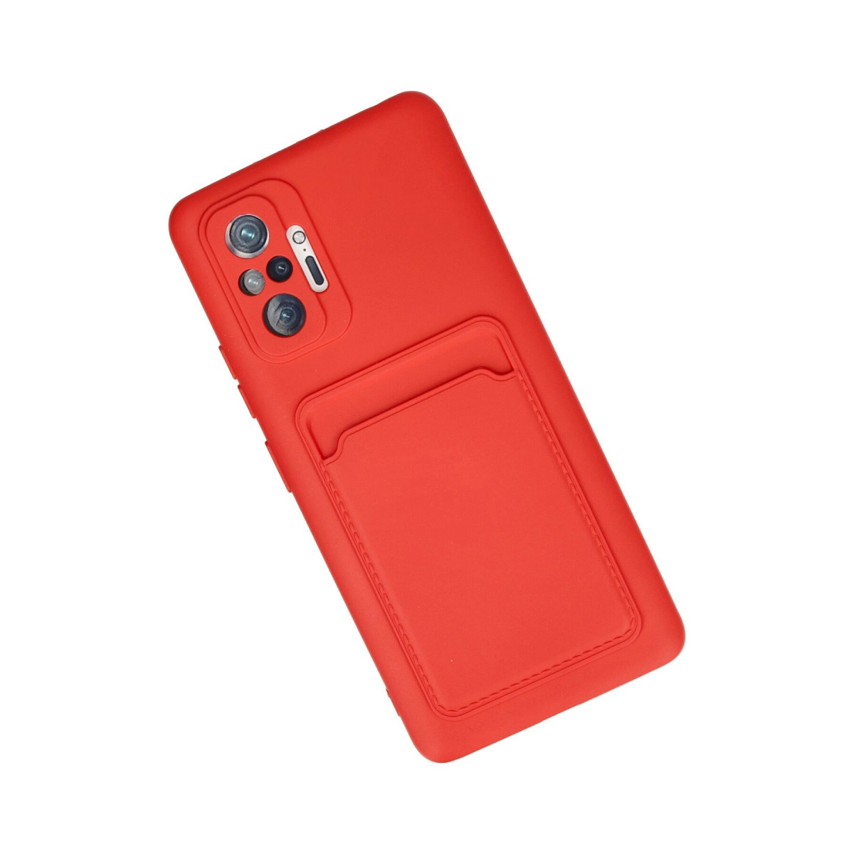 Kart tutuculu ve kamera boşluklu kırmızı telefon kılıfı. Beyaz üzerinde açılı.
