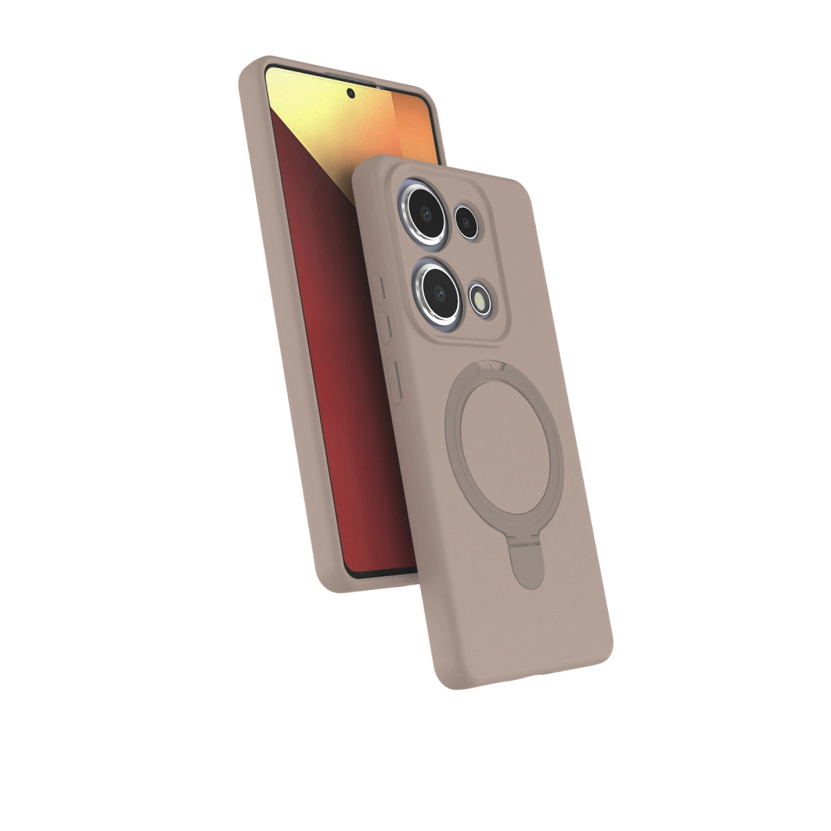 Entegre manyetik halkalı bej telefon kılıfı bir akıllı telefonun üzerinde duruyor.