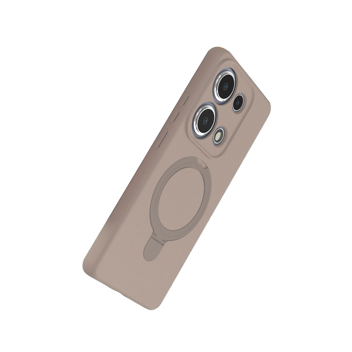 Üç kamera lensli ve manyetik halkalı kahverengi telefon kılıfı.