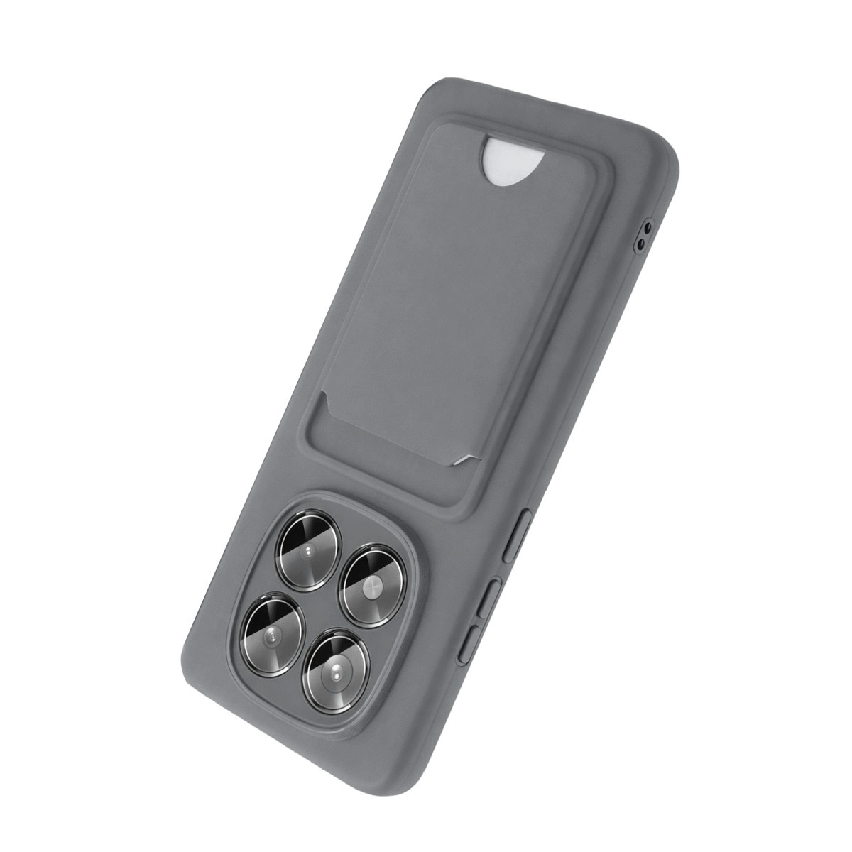 Dört kamera lensli ve kart yuvalı gri telefon kılıfı.